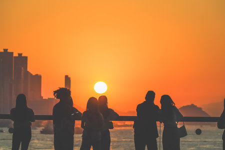 figures stand by a glass railing as a brilliant orange sunset Nov 16 2025のeditorial素材