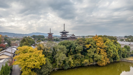 A serene autumn scene featuring traditional Japanese pagodas Nov 27 2025のeditorial素材