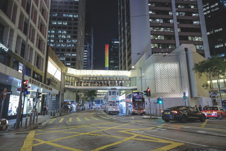 Long exposure tramlines, neon signage, urban motion blur