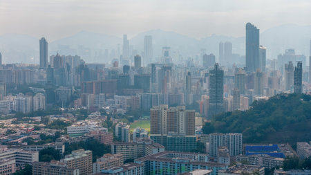 Dense smog covering skyline highlighting serious air pollution Dec 18 2025のeditorial素材