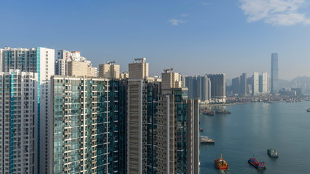 Beautiful West Kowloon waterfront with skyline and Victoria Harbor Dec 24 2025のeditorial素材