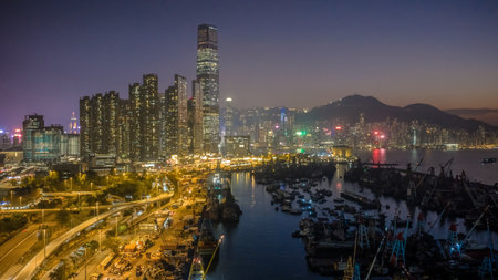 Illuminated cityscape of West Kowloon at night in Hong Kong Dec 24 2025