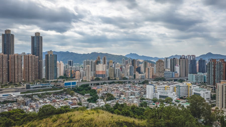 A bustling urban scene with towering high-rise buildings behind Dec 20 2025のeditorial素材