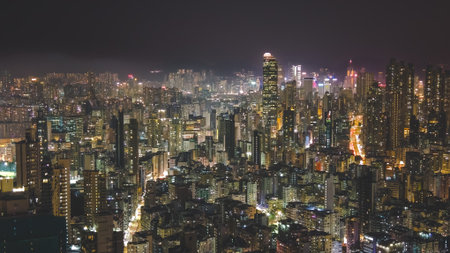 Vibrant city hub featuring neon lights and urban architecture Jan 9 2026のeditorial素材