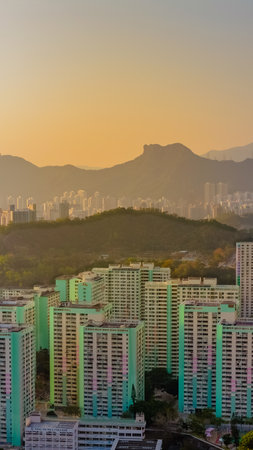 Residential blocks display geometric patterns across urban Kowloon community Jan 18 2026のeditorial素材
