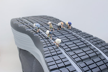 Tiny rural workers crouch carefully across oversized textured surfaceの写真素材