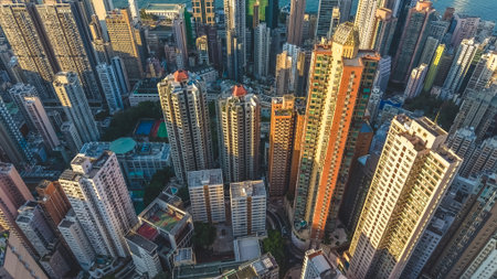 Tall high rises cluster tightly above vibrant western waterfront district Feb 14 2022のeditorial素材