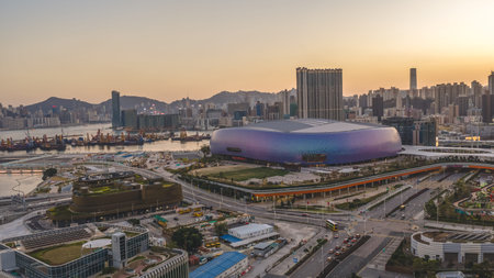 Expansive sports complex features arenas, public spaces, and greenery Feb 15 2026のeditorial素材