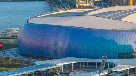 Expansive sports complex features arenas, public spaces, and greenery Feb 15 2026のeditorial素材