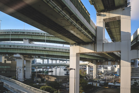 Modern highway interchange near Tempozan Harbor and attractions Nov 25 2025のeditorial素材