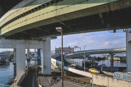 Modern highway interchange near Tempozan Harbor and attractions Nov 25 2025のeditorial素材