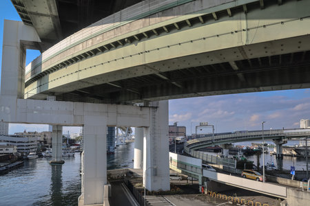 Modern highway interchange near Tempozan Harbor and attractions Nov 25 2025のeditorial素材