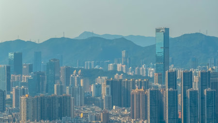 Contemporary urban skyline showcasing dense skyscrapers under clear daylight Feb 18 2026