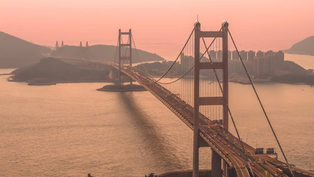 Sweeping coastal landmark featuring towers, cables, highways, and islands Feb 21 2026のeditorial素材