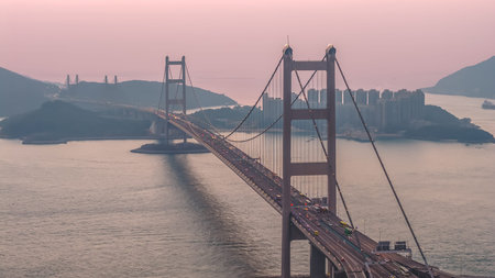 Sweeping coastal landmark featuring towers, cables, highways, and islands Feb 21 2026のeditorial素材