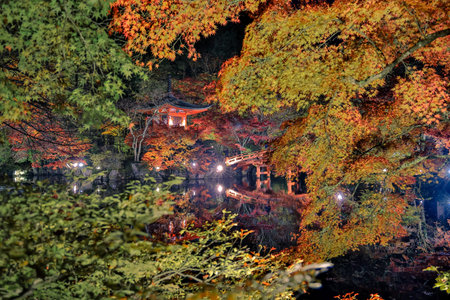 Vibrant autumn leaves and reflections in temple pond Nov 26 2025