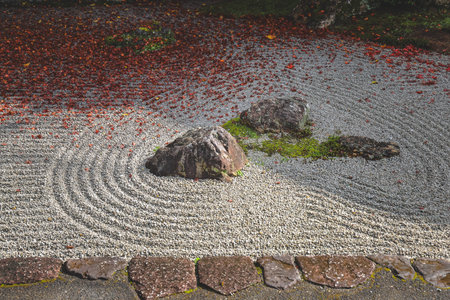 Traditional Zen rock garden with raked sand and stones Nov 26 2025のeditorial素材