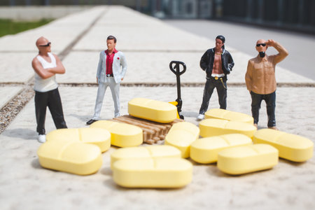 Tiny figurines stand near pallet jack and oversized capsule blocksの写真素材