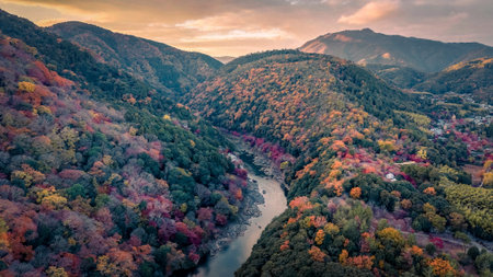 Vibrant fall gorge view with boats and railway NOV 28 2025