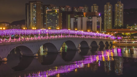 Colorful neon decorations brighten Sha Tin riverside walkway at night Feb 1 2026