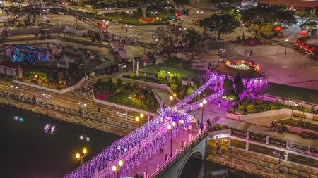 Colorful neon decorations brighten Sha Tin riverside walkway at night Feb 1 2026