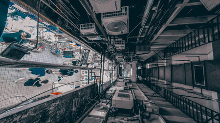 Industrial ceiling vents overlook narrow walkway of retail stalls. Sept 30 2023
