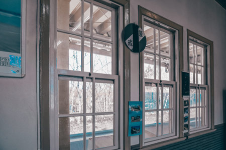 April 26 2026 JAPAN. Onumakoen Station interior windows and vintage wooden