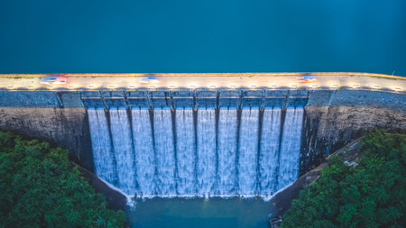 July 18, 2026 Hong Kong Evening aerial view of illuminated Tai Tam Dam.