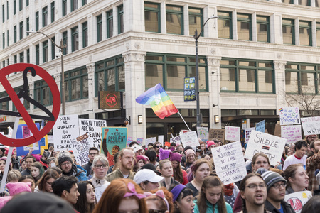 Editorial Womens day March January 21st 2017 Seattle Wa, activist marchers waving protest signsのeditorial素材