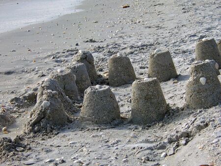 sandcastles decorated with seashells on florida beach