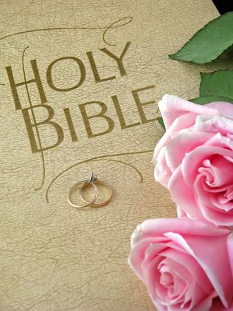 pink roses and wedding rings on holy bibleの写真素材