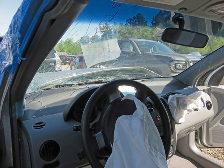 EVANS, GA - APRIL 4: damaged car in impound lot after an head on collision 2017のeditorial素材