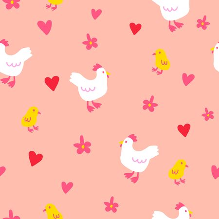 Seamless chicken chick vector pattern. Cute farm animal pattern with heart and flower for wallpaper textile fabric designs. Orange vector illustrations in hand drawn style.のイラスト素材