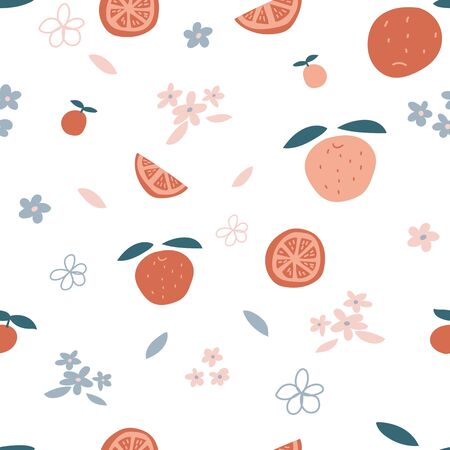 Seamless orange vector pattern. Fruity citrus floral leaf pattern for wallpaper textile fabric designs. Cute vector illustrations in hand drawn style.のイラスト素材