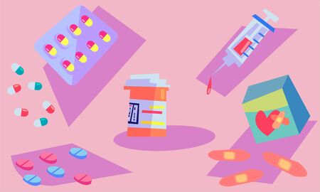 First aid kit with medical supplies and medicine. Syringe pills bandaids health products for doctors. Playful colorful geometric vector set.のイラスト素材