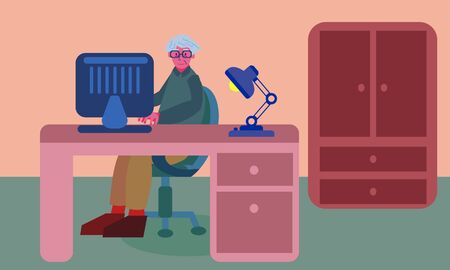 Old man working at home office on computer. Working at a desk with lamp. Graphic vector illustration with bold colors.のイラスト素材