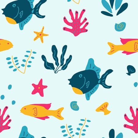 Cute fish seamless pattern design with starfish coral and seashells. Tropical fish design for kids with colorful design. Vibrant and cute vector design for textile wallpaper fabric decor.のイラスト素材