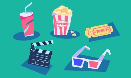 Movie theater vector set. Popcorn soda ticket glasses and clapperboard. Graphic flat geometric simple.のイラスト素材