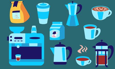 Coffee Vector Set. Graphic colorful icons for cafe menu or logo. Mugs and coffee makers.のイラスト素材