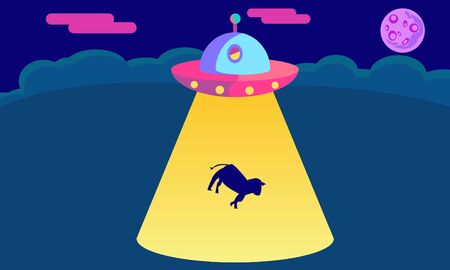 Alien abduction in rural landscape. UFO kidnapping cow at night. Dark sky with bright moon vector.のイラスト素材