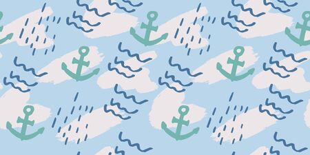 Vector seamless pattern with hand drawn summer elements, nautical designs, anchor ocean bubble sea vacation tropicalのイラスト素材