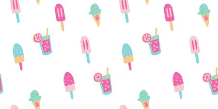 Seamless popsicle summer ice cream vector pattern. Cute juicy summer soda drinks and desserts for...