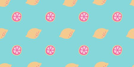Seamless lemon leaf vector pattern. Cute citrus summer fruit and slices for wallpaper textile fabric designs. Cute vector illustrations in hand drawn styleのイラスト素材
