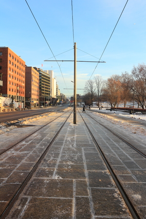 City tram near the city hall of Oslo Norwayのeditorial素材