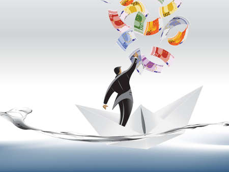 Businessman trying to catch money on paper boat.のイラスト素材