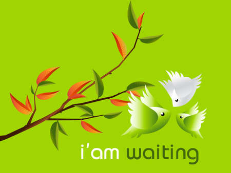 Lovebirds Character flying togetherness around twig, cartoon Illustration.のイラスト素材