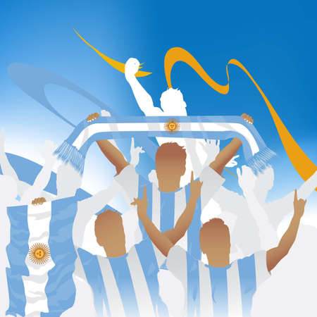 Crowd of soccer fan and three soccer players with scarf and flag.のイラスト素材