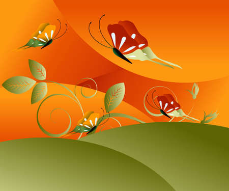 Editable illustration of butterflies in fieldのイラスト素材