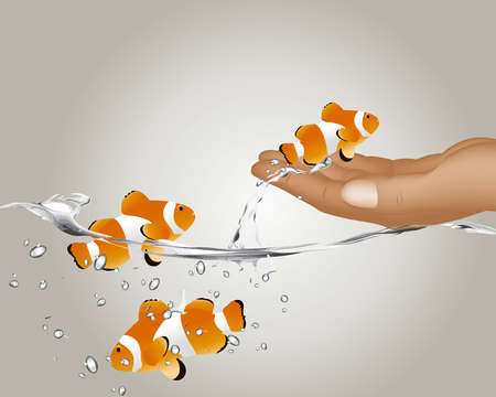 clown fish jumping to human handのイラスト素材