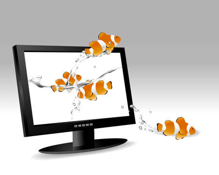 frontal view of widescreen lcd monitor, and clown fish jumping out of the screen.のイラスト素材